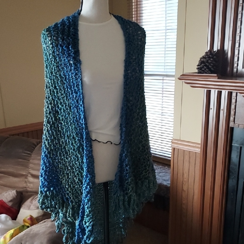 Hand-Knit Blue and Green Shawl